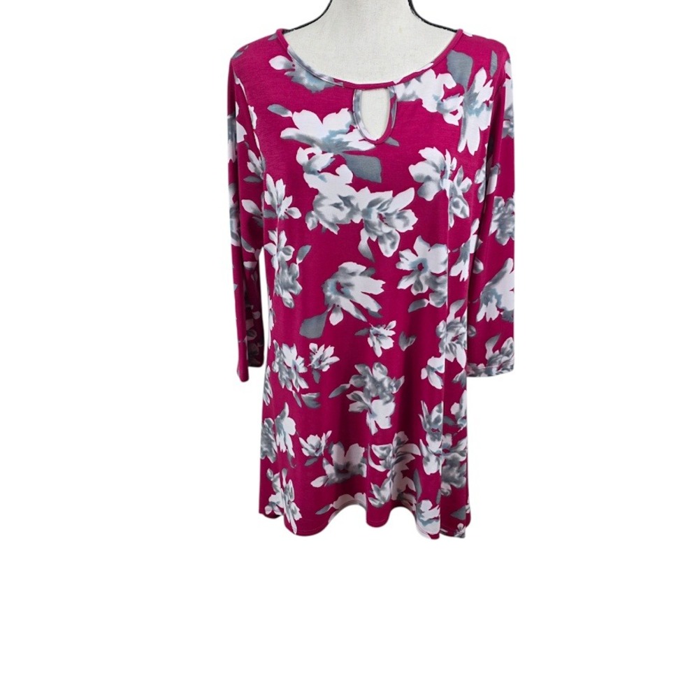 Clara Sun Woo Tunic Top Womens Large Pink Floral Keyhole Neck 3/4 Sleeve Stretch